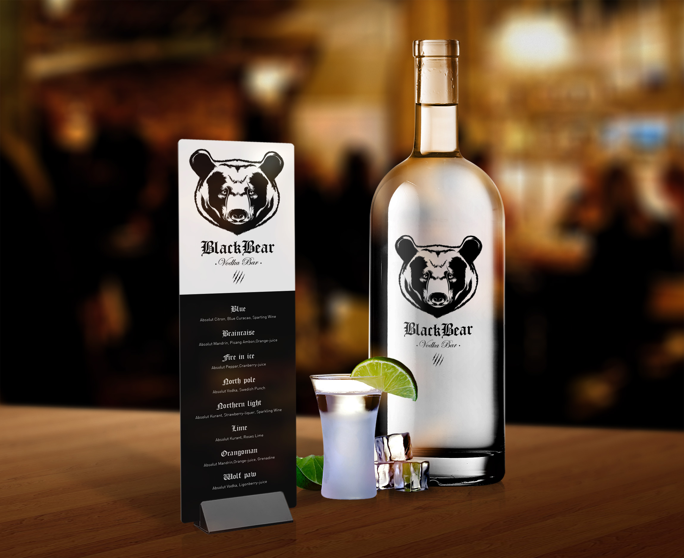 Création logo, menu, illustration, identité visuelle pour le bar à vodka "BLACK BEAR"
