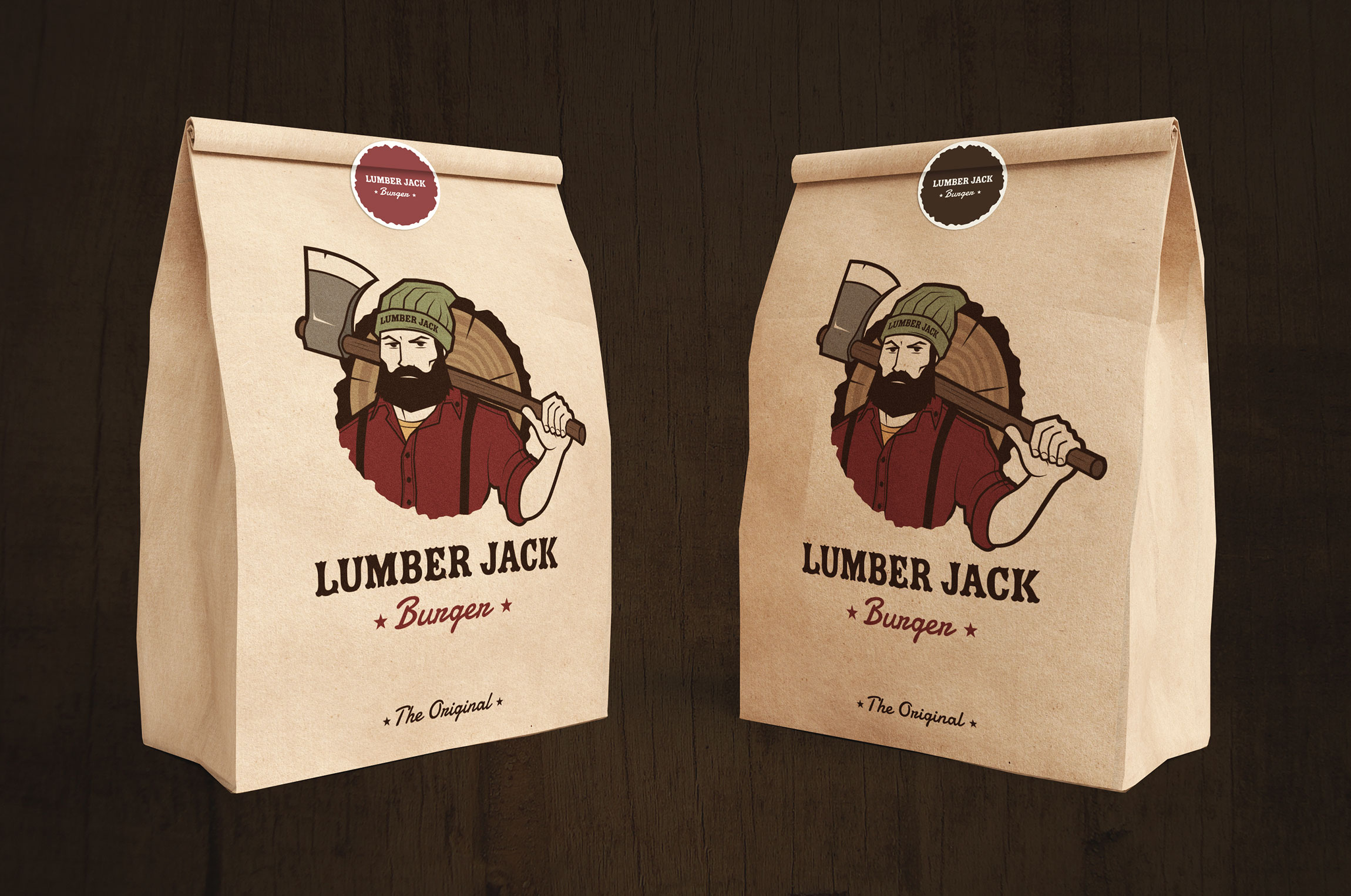 Création logo, mascotte, sticker, packaging pour le restaurant LUMBER JACK Burger